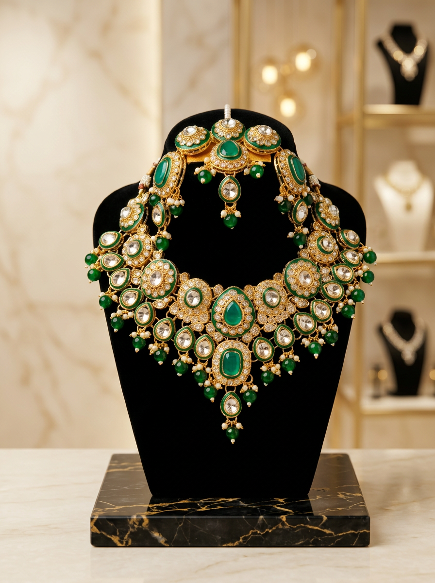 Exquisite Emerald Kundan handcrafted bridal necklace set