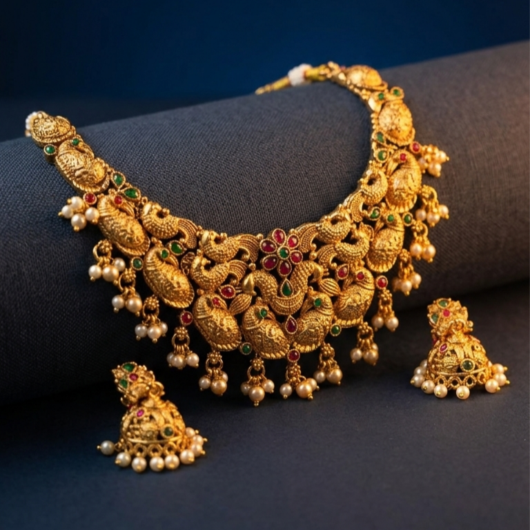 Signature handcrafted gold temple necklace set with ruby and emerald accents